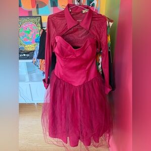 Pinup Girl (Laura Byrnes) Elegant strapless Red Dress with Sheer Bolero